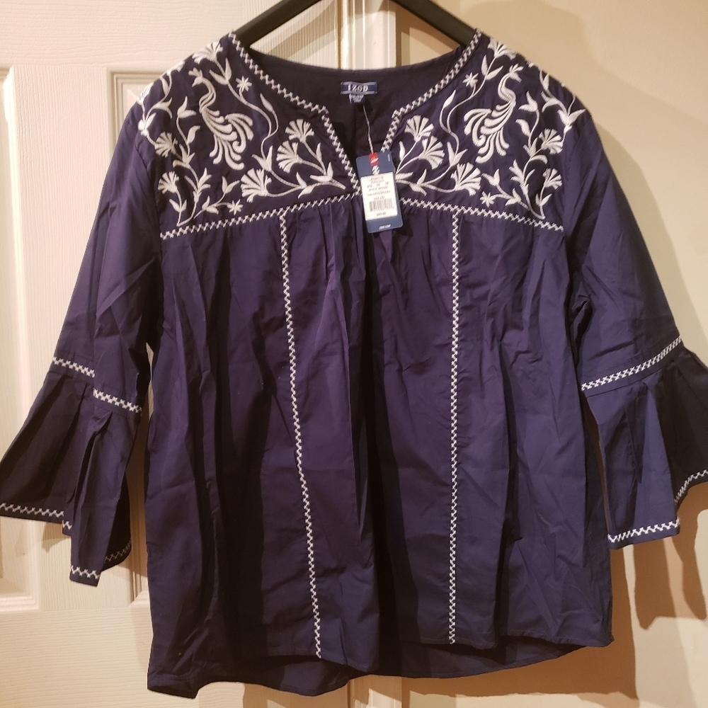 NWT Izod Navy Blue Embroidered Bell-Sleeve Top